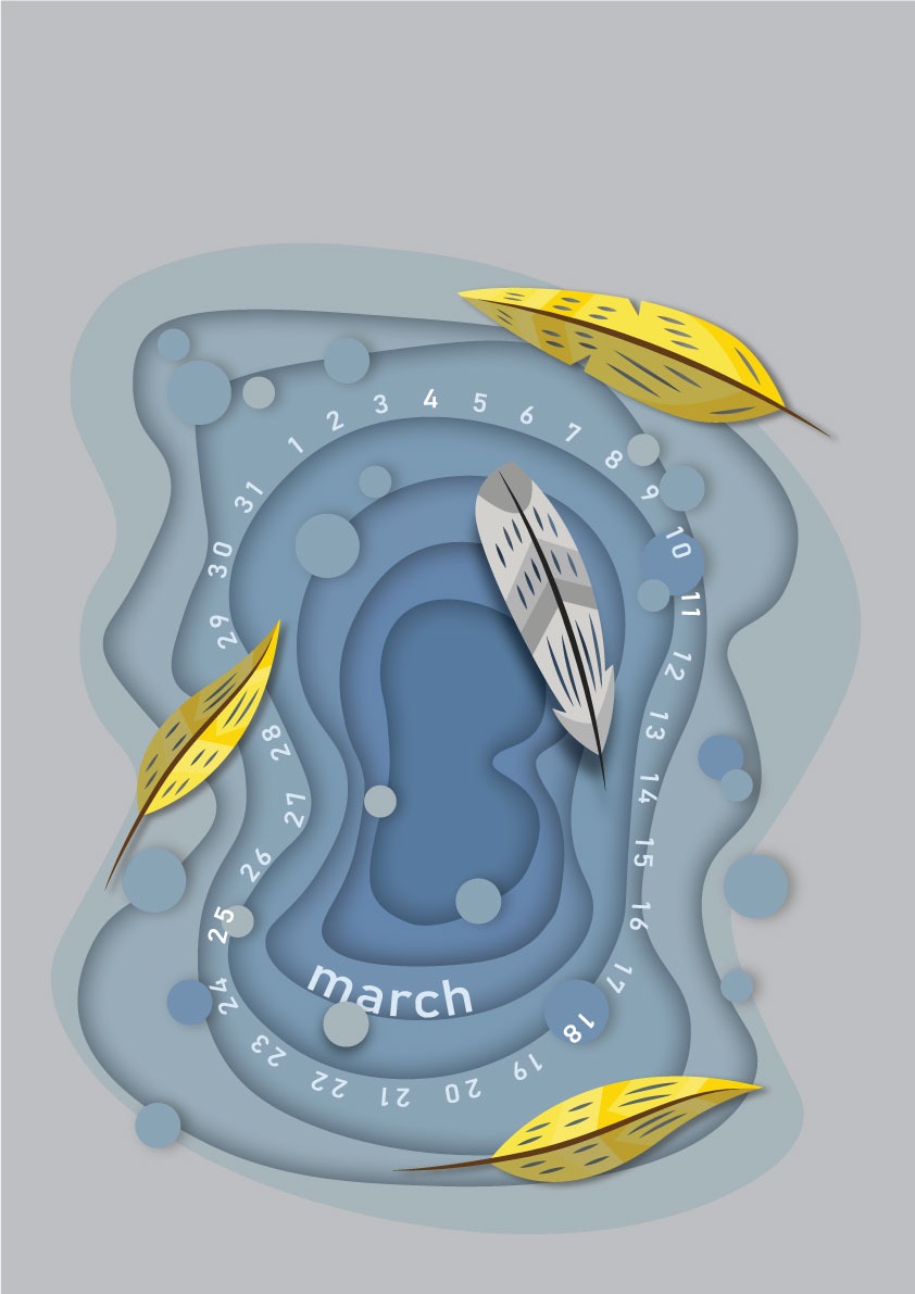 Kalendarz na marzec w formie warstwowej grafiki z piórami w odcieniach szarości i żółci.