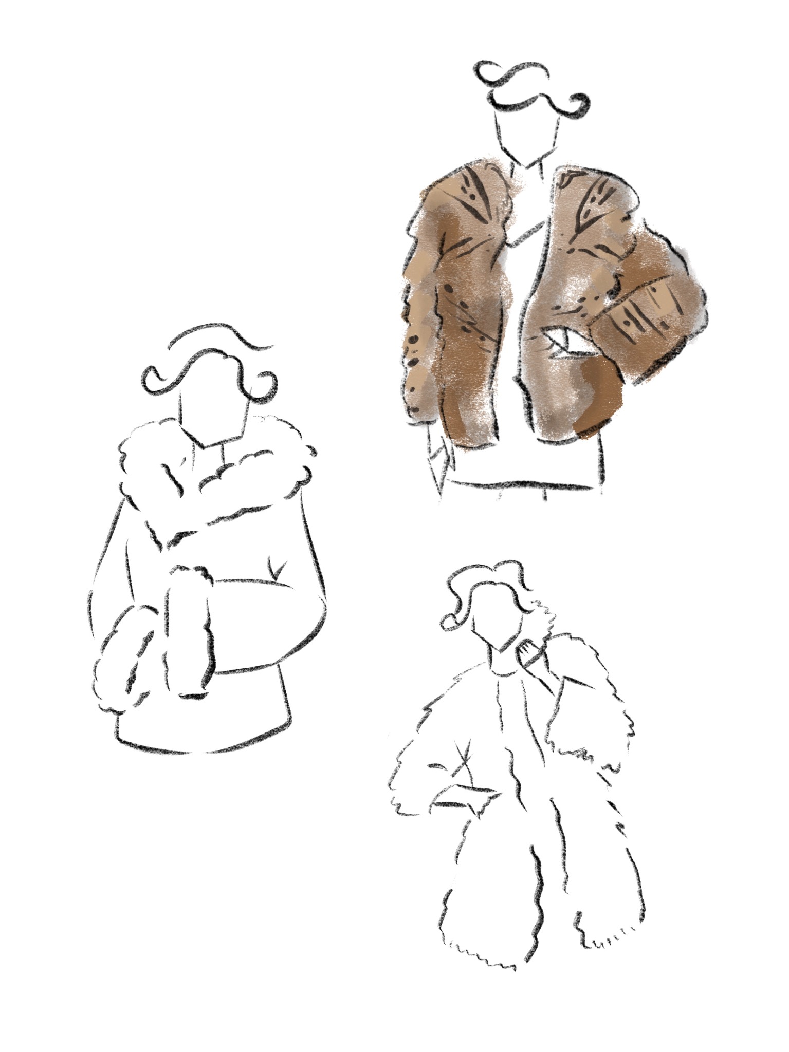 Szkic trzech stylizacji z futrami w różnych krojach i kolorach, przedstawionych w minimalistycznym stylu graficznym na białym tle.