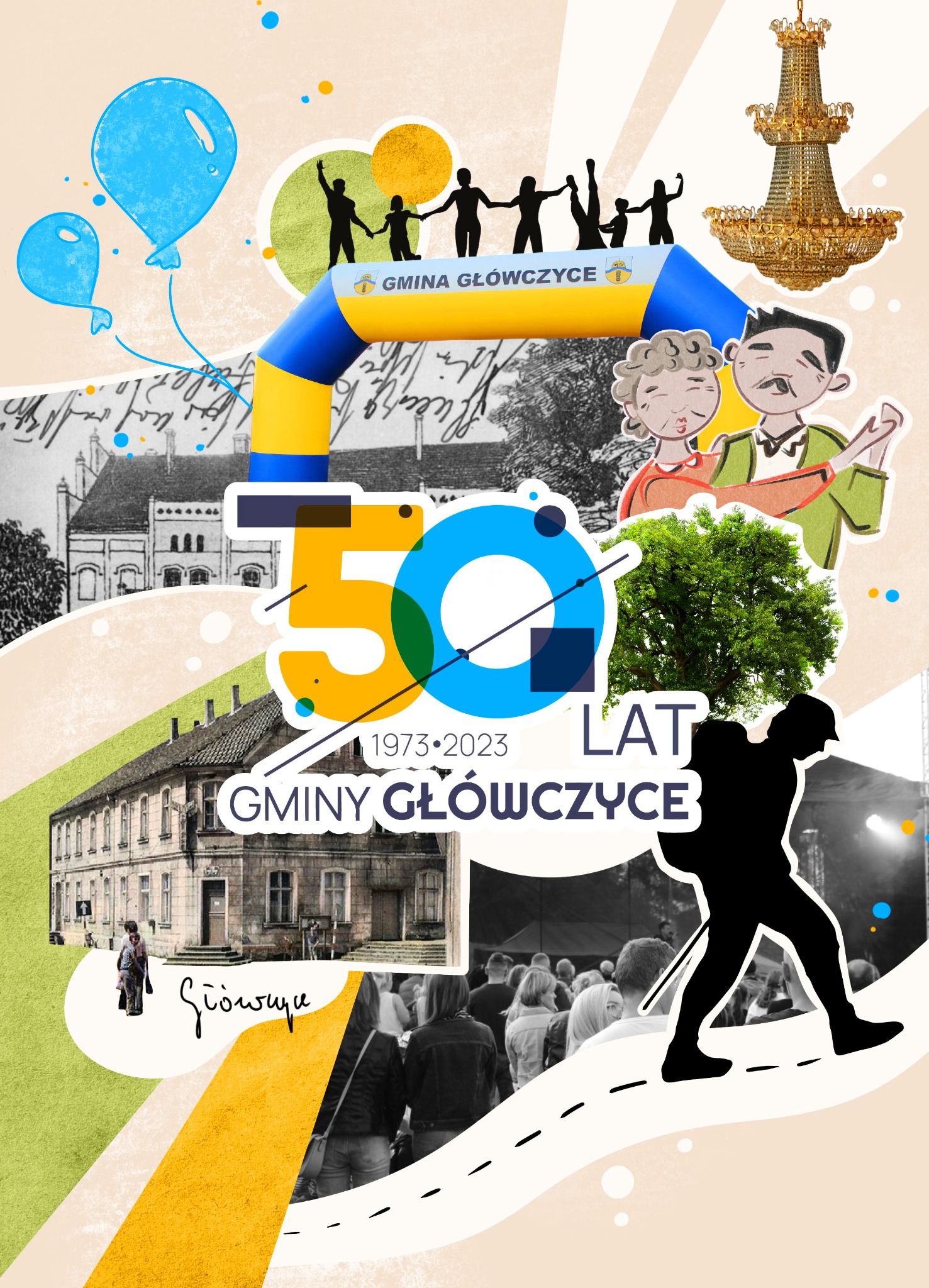 Kompozycja graficzna z elementami zdjęć i ilustracji przedstawiająca obchody 50-lecia Gminy Główczyce, zawierająca wizerunki budynków, ludzi, balony, żyrandol i napis '1973-2023 LAT GMINY GŁÓWCZYCE'.