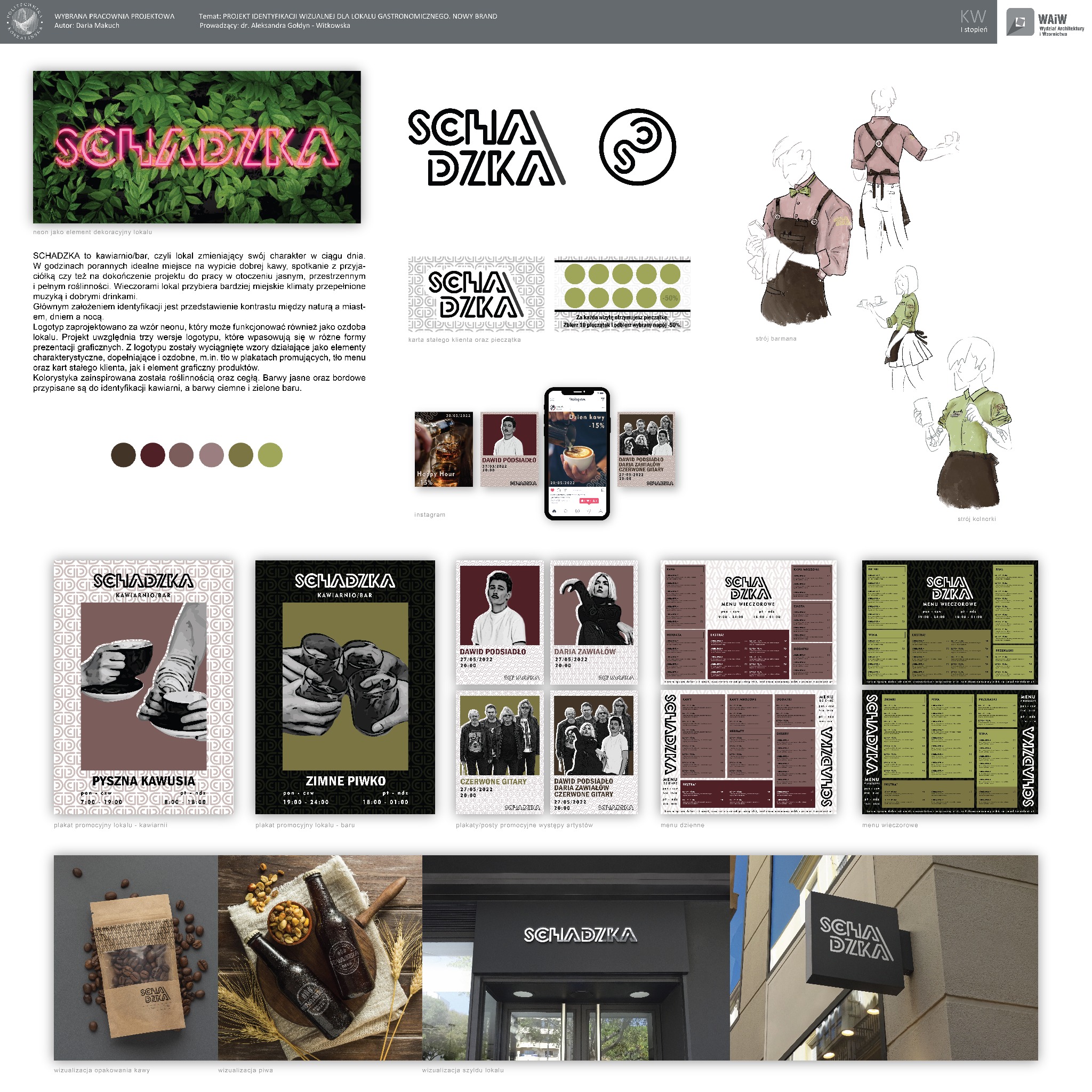 Prezentacja projektu identyfikacji wizualnej dla lokalu gastronomicznego z Główczyc, obejmująca neonowy logotyp, projekty plakatów, kart stałego klienta, wizualizacje opakowań i szyldu, oraz szkice...