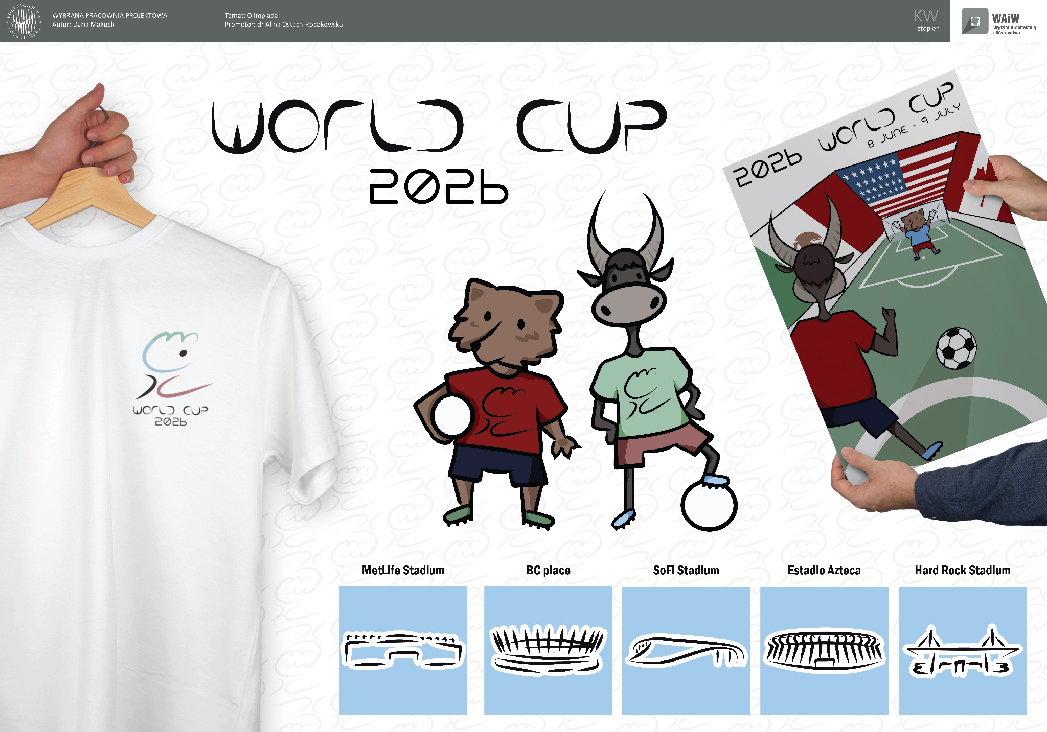 Projekt graficzny koszulki i plakatu z motywem Mistrzostw Świata 2026, prezentujący maskotki i stadiony, w stylistyce rysunkowej.