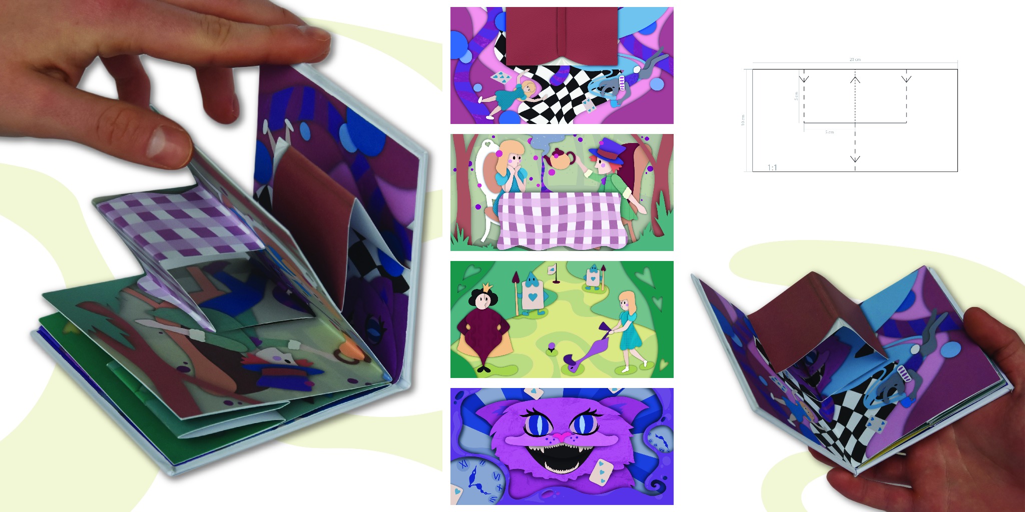 Rozkładana książeczka typu pop-up z ilustracjami inspirowanymi Alicją w Krainie Czarów, trzymana w dłoniach, prezentująca sceny z książki w formie papierowych wycinanek.