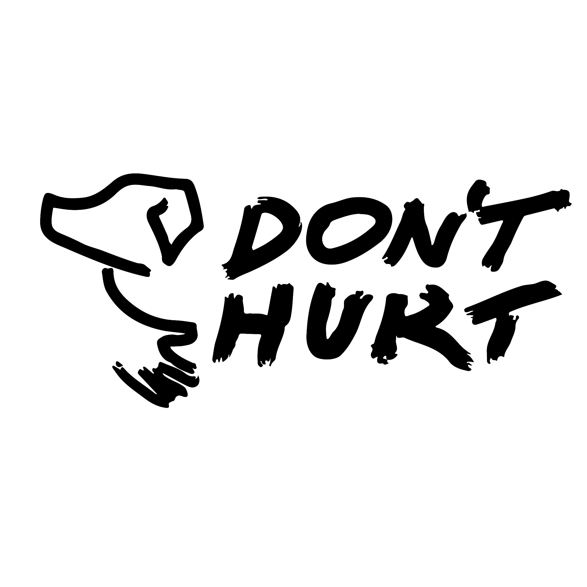 Czarno-biały, minimalistyczny szkic przedstawiający dłoń powstrzymującą przemoc, z napisem 'DON'T HURT' wykonanym grubą, ekspresyjną kreską.
