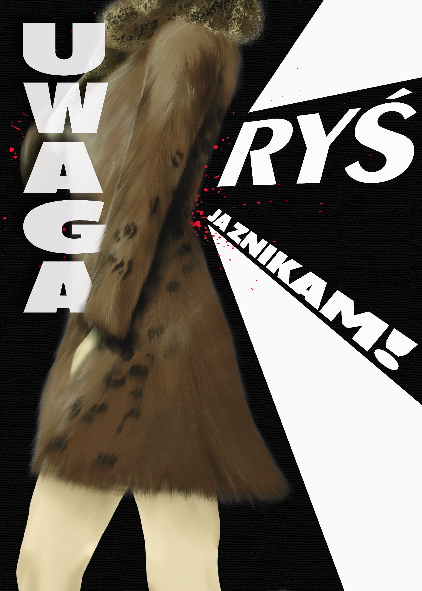 Grafika przedstawia futro z motywem rysia na czarnym tle z białymi napisami 'UWAGA' i 'RYS JAZNIKAM!' oraz czerwonymi plamami.