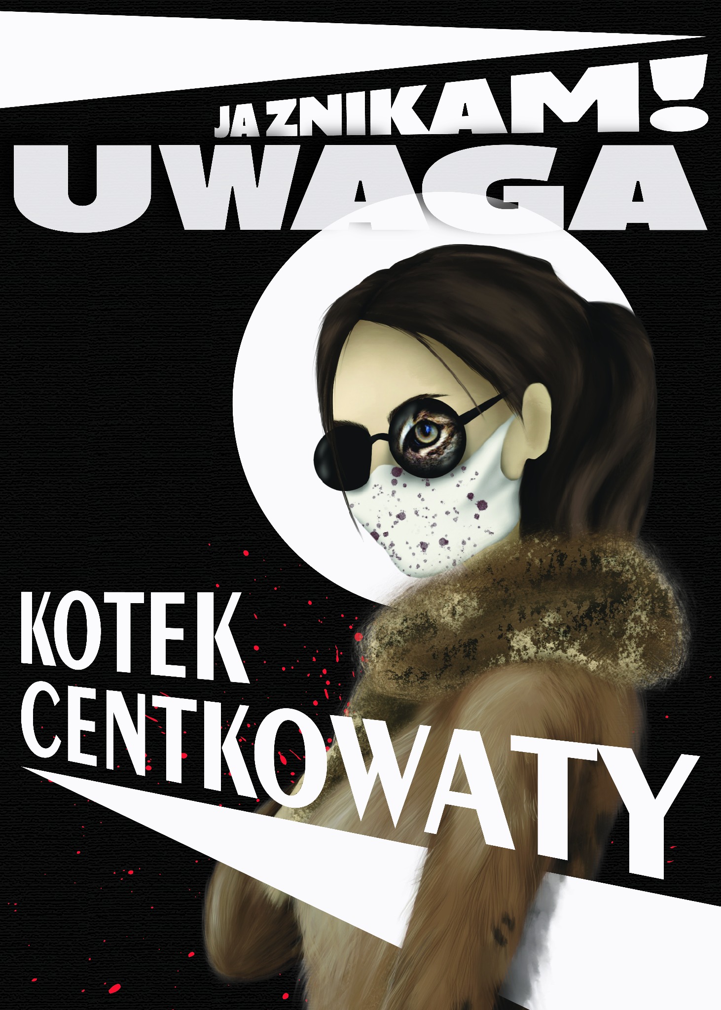 Ilustracja cyfrowa przedstawiająca postać w masce i okularach, z elementami typografii w stylu plakatu filmowego, na czarnym teksturowanym tle.