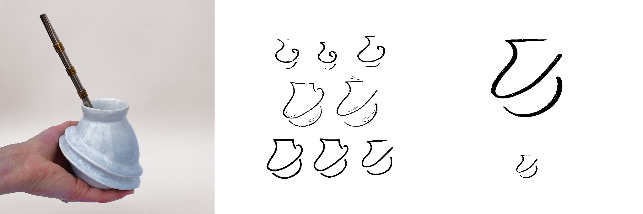 Ręka trzyma ceramiczne naczynie do yerba mate z metalową bombillą, obok szkice koncepcyjne naczynia.