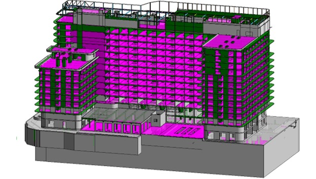Wizualizacja 3D hotelu Baltic Wave w Kołobrzegu, prezentująca szkielet konstrukcyjny z zaznaczonymi elementami w kolorze różowym i zielonym, ukazująca kondygnacje nadziemne i podziemne.