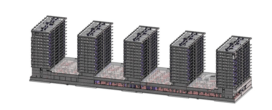 Wizualizacja 3D kompleksu mieszkalnego z pięcioma wieżami połączonymi garażami podziemnymi, prezentująca etap budowy z widocznymi elementami konstrukcyjnymi.