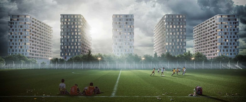 Wizualizacja osiedla mieszkaniowego z boiska piłkarskiego; w tle pięć budynków wielorodzinnych o nowoczesnej architekturze, na pierwszym planie grupa dzieci grających w piłkę oraz siedzący chłopcy...