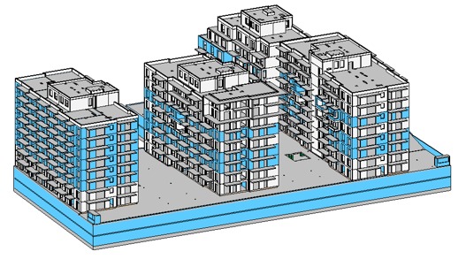 Wizualizacja 3D kompleksu budynków wielorodzinnych z balkonami, przedstawiona w perspektywie izometrycznej, ukazująca strukturę architektoniczną i bryłę budynków.