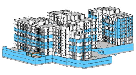 Wizualizacja 3D kompleksu budynków mieszkalnych z zaznaczonymi elementami elewacji na niebiesko, widok z góry, prezentacja projektu.