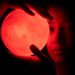 Szymon Skibiński - Portret kobiety z czerwoną, świecącą kulą w dłoniach, z ciemnym tłem, wykonany w Krakowie.