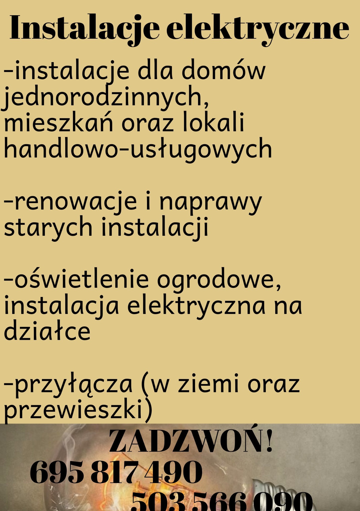 Grafika reklamowa oferująca usługi elektryczne, w tym instalacje dla domów, renowacje, oświetlenie ogrodowe i przyłącza, z numerami telefonów kontaktowych.