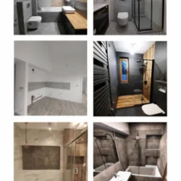 Kolaż sześciu zdjęć przedstawiających różnorodne, nowocześnie urządzone łazienki z charakterystycznymi elementami, takimi jak kabiny prysznicowe typu walk-in, geometryczne płytki i drewniane...