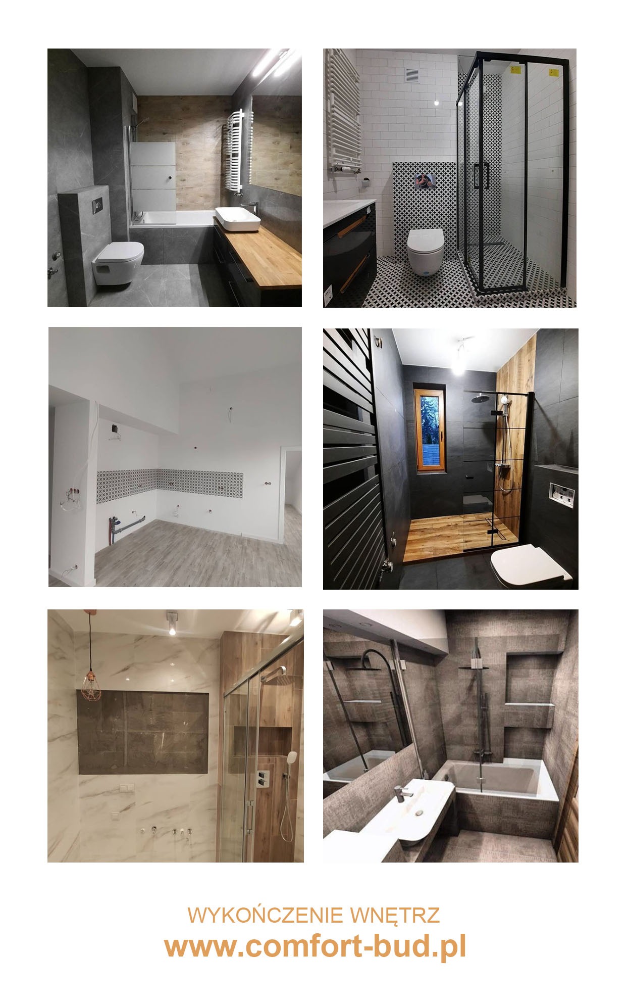 Kolaż sześciu zdjęć przedstawiających różnorodne, nowocześnie urządzone łazienki z charakterystycznymi elementami, takimi jak kabiny prysznicowe typu walk-in, geometryczne płytki i drewniane...