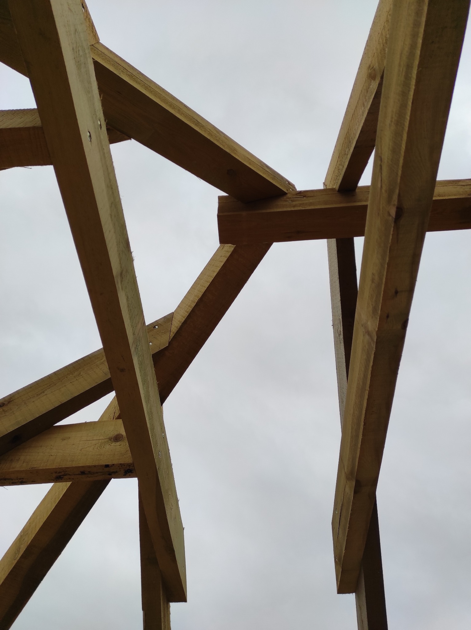 Fragment drewnianej konstrukcji więźby dachowej z widocznymi połączeniami na gwoździe, sfotografowany od dołu na tle pochmurnego nieba.