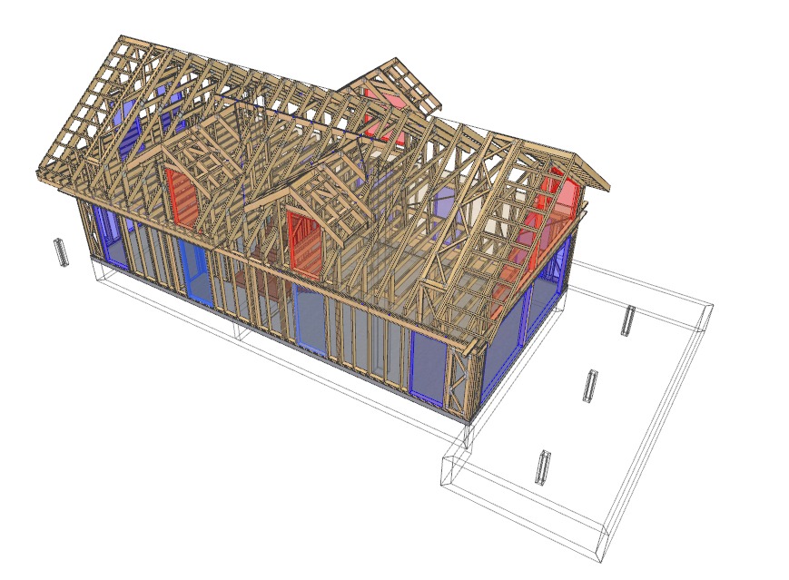 Wizualizacja 3D konstrukcji domu w technologii szkieletowej, ukazująca drewniany szkielet ścian i dachu z zaznaczonymi na niebiesko i czerwono elementami oraz fundamentem w formie płyty.