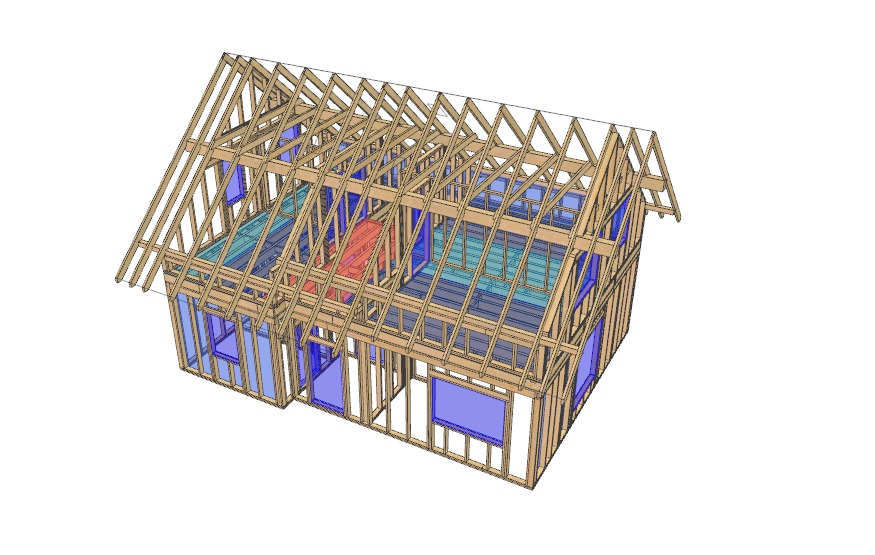 Wizualizacja 3D konstrukcji domu w technologii szkieletowej, prezentująca drewnianą ramę ścian, stropów i więźby dachowej z zaznaczonymi otworami okiennymi i układem krokwi.