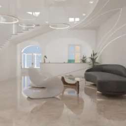 Eleganckie wnętrze biura z futurystycznym fotelem, szarą sofą i podświetlanymi liniami na ścianie