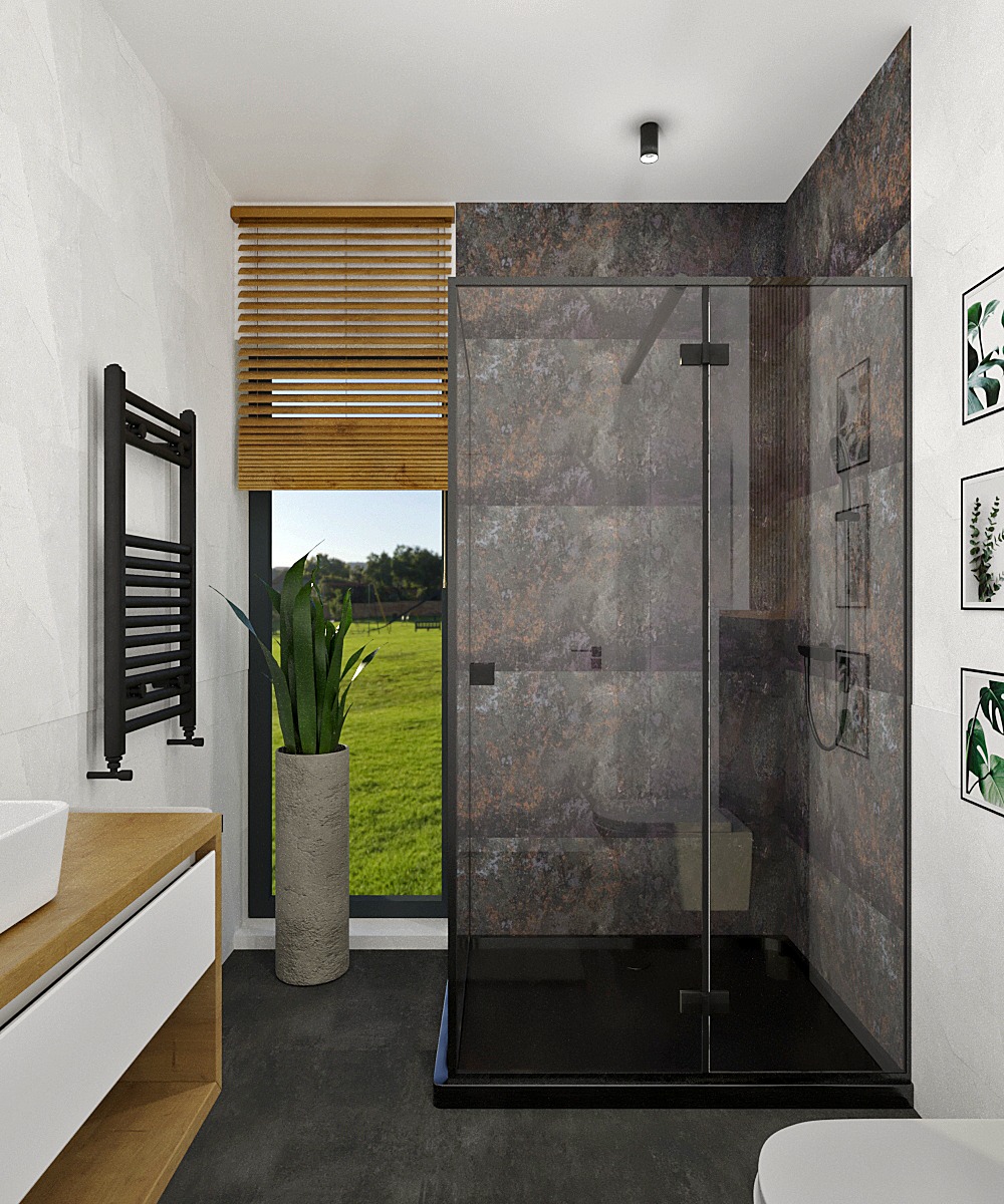 Wizualizacja łazienki z kabiną prysznicową typu walk-in, wykończoną płytkami imitującymi rdzę, z widokiem na zielony krajobraz za oknem z drewnianymi żaluzjami. Na ścianie grzejnik drabinkowy obok...