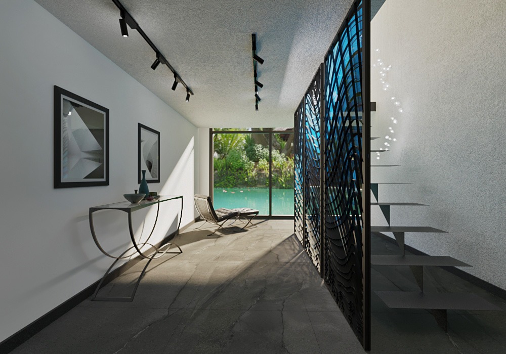 Nowoczesny hol z dekoracyjną, ażurową ścianką działową, minimalistyczną konsolą z dekoracjami i widokiem na ogród z jeziorkiem w tle.