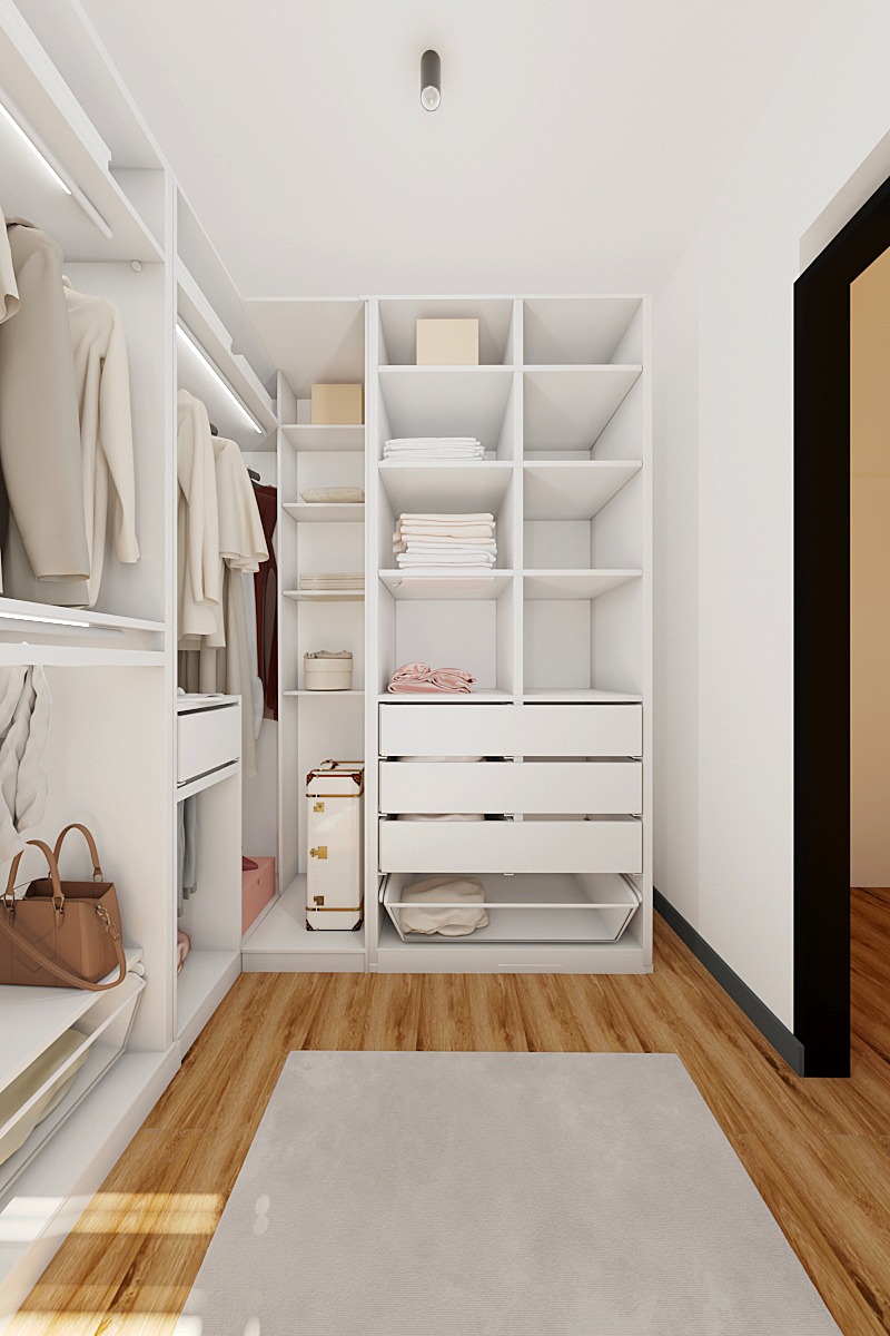 Biała, nowoczesna garderoba z wyposażeniem w Pruszczu Gdańskim, obejmująca półki, szuflady, wiszące ubrania, torebkę i dekoracyjną walizkę, oświetlona listwami LED.