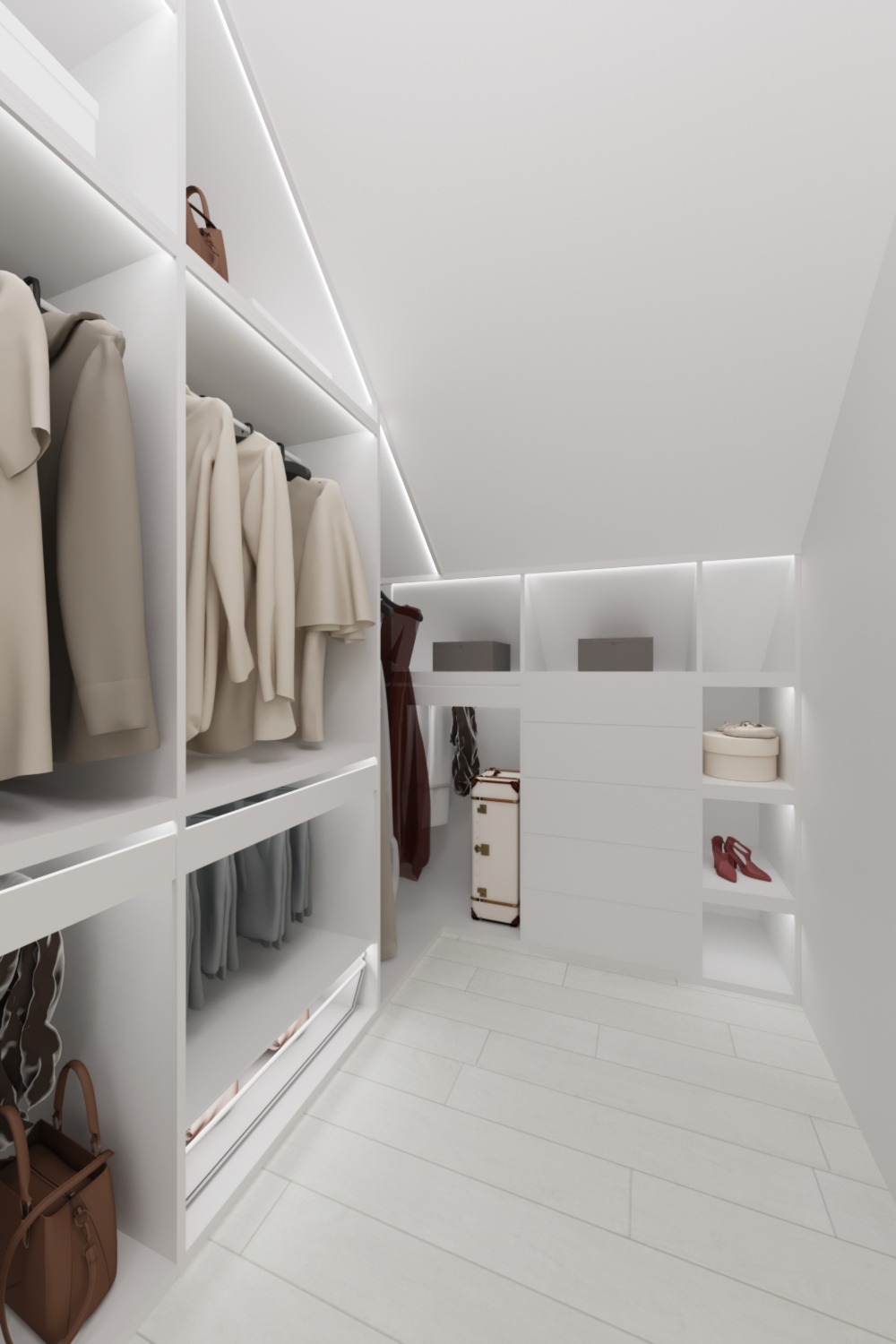Biała garderoba na poddaszu z oświetleniem LED, ubraniami na wieszakach i torebkami na półkach, uzupełniona o walizkę podróżną i czerwone szpilki.