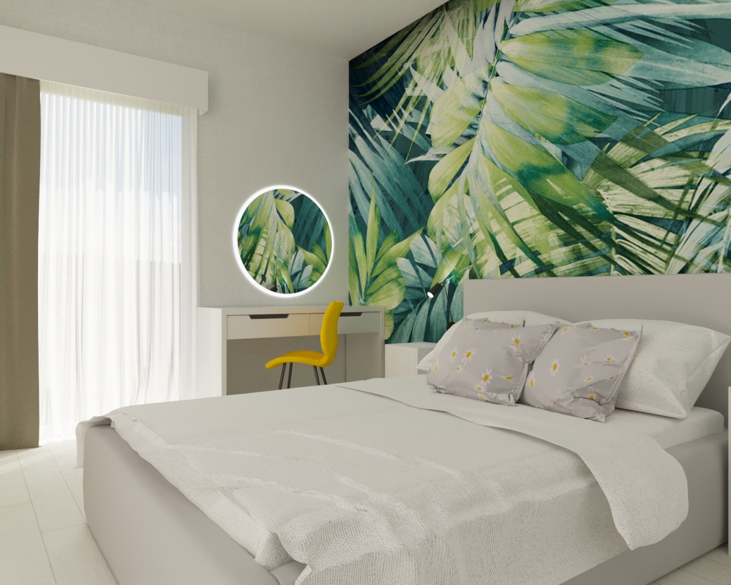 Jasna sypialnia z łóżkiem, biurkiem i tapetą z motywem tropikalnych liści; okrągłe lustro z podświetleniem i żółte krzesło dodają akcentu kolorystycznego.