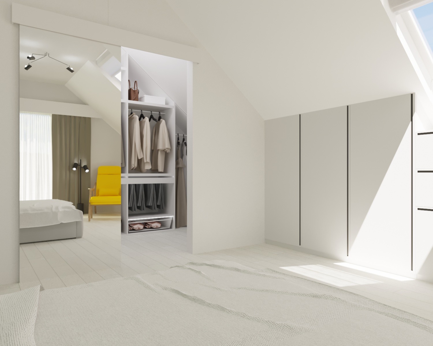 Jasne wnętrze sypialni na poddaszu z garderobą w zabudowie, widok na łóżko, żółty fotel i szafę z ubraniami.