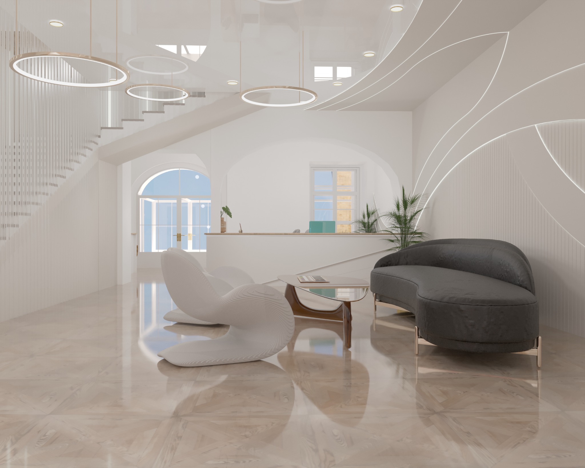 Eleganckie wnętrze biura z futurystycznym fotelem, szarą sofą i podświetlanymi liniami na ścianie