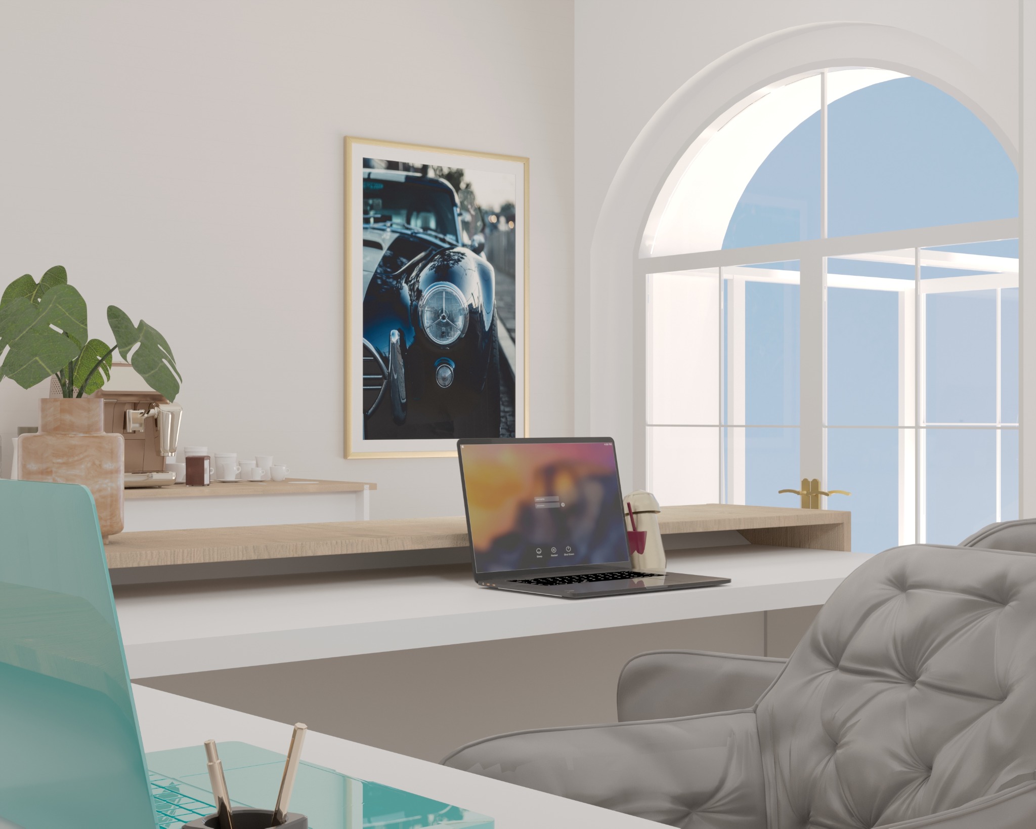 Nowoczesne biuro domowe z białym biurkiem, laptopem, ekspresem do kawy i plakatem vintage samochodu na ścianie, oświetlone przez duże, łukowe okno.