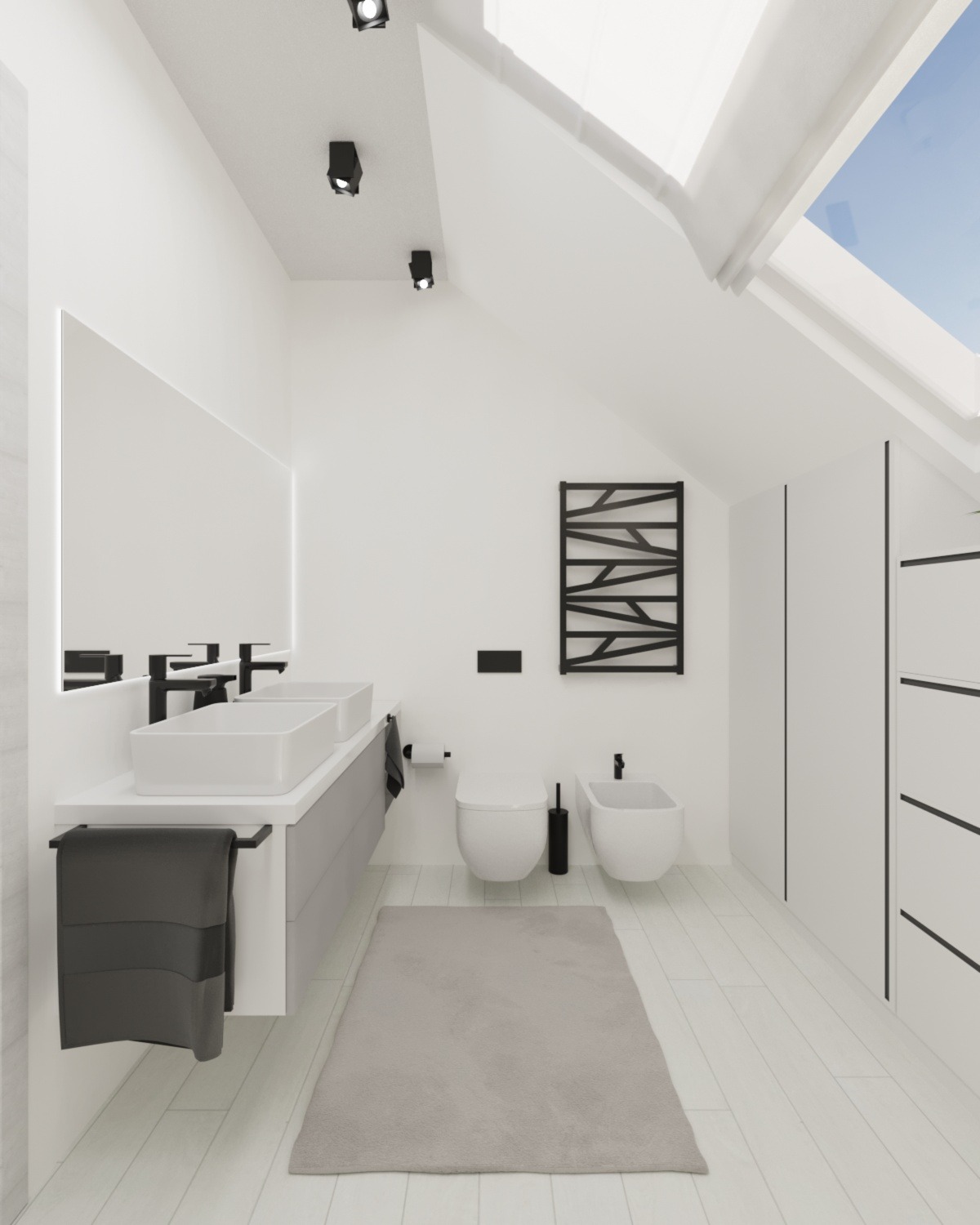 Wizualizacja łazienki na poddaszu w minimalistycznym stylu, z dwoma umywalkami nablatowymi, szarą szafką pod umywalką, grzejnikiem drabinkowym, toaletą, bidetem i szarym dywanikiem.