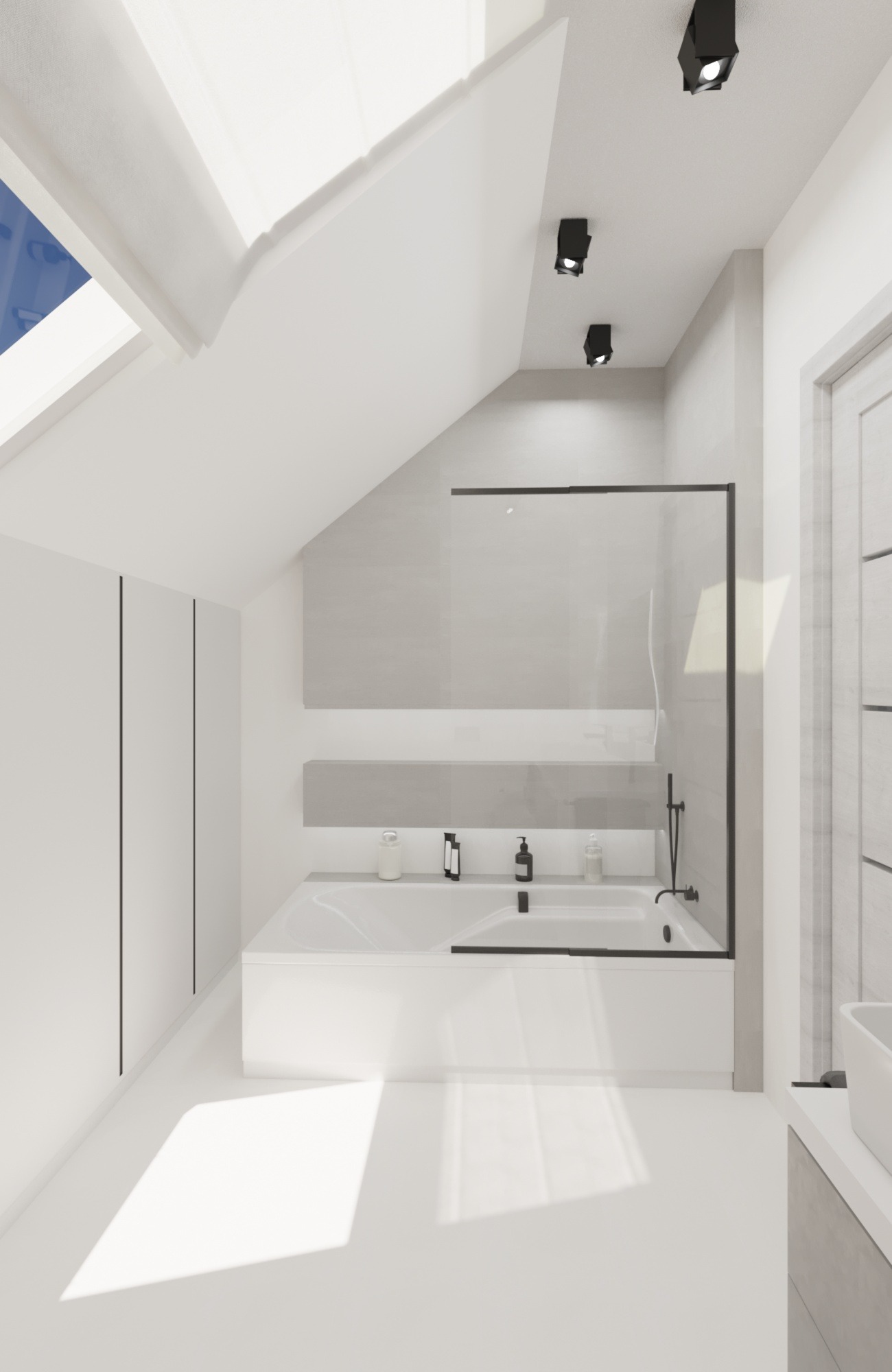 Jasna łazienka na poddaszu z wanną i kabiną prysznicową oddzieloną szklaną ścianką, oświetlona światłem z okna dachowego i reflektorami.