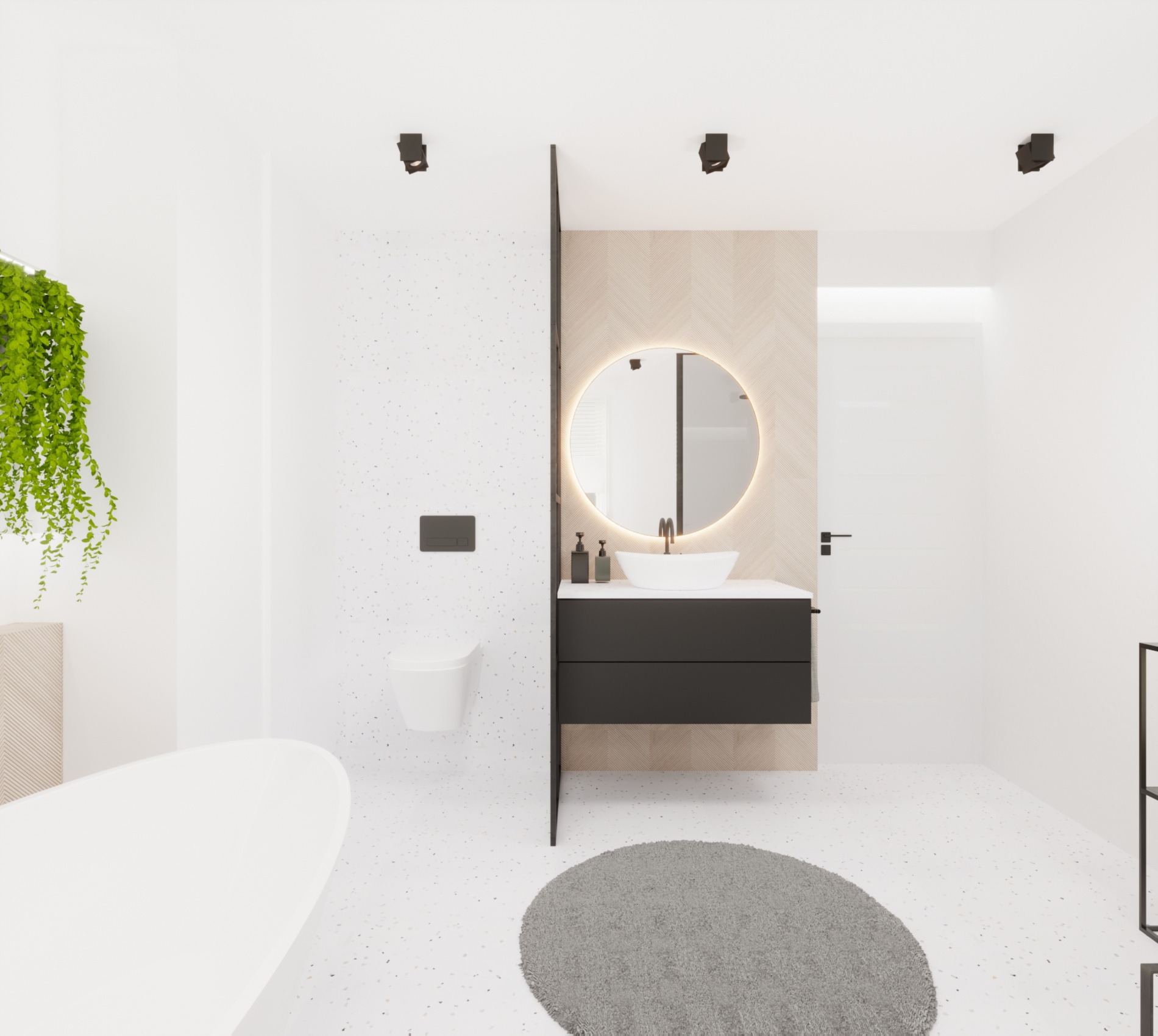 Nowoczesna łazienka w bieli z akcentami drewna i czerni, okrągłe lustro z podświetleniem LED, wisząca toaleta i umywalka na czarnej szafce, podłoga z terazzo i szary dywanik.