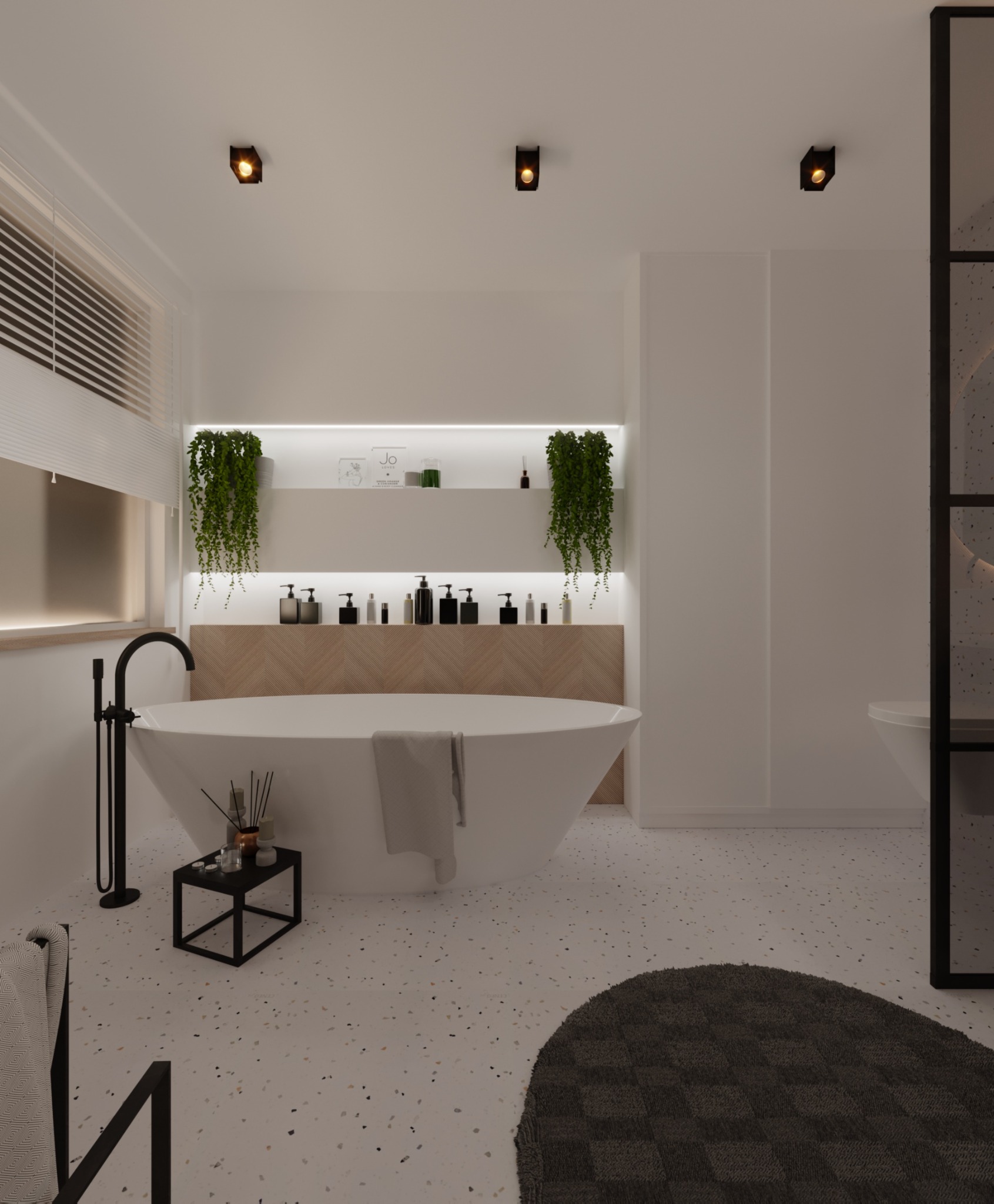 Nowoczesna łazienka z wolnostojącą wanną, czarną armaturą i półką z akcesoriami, oświetlona punktowo, z roślinami zwisającymi z półki. Na podłodze dywanik w odcieniach szarości.