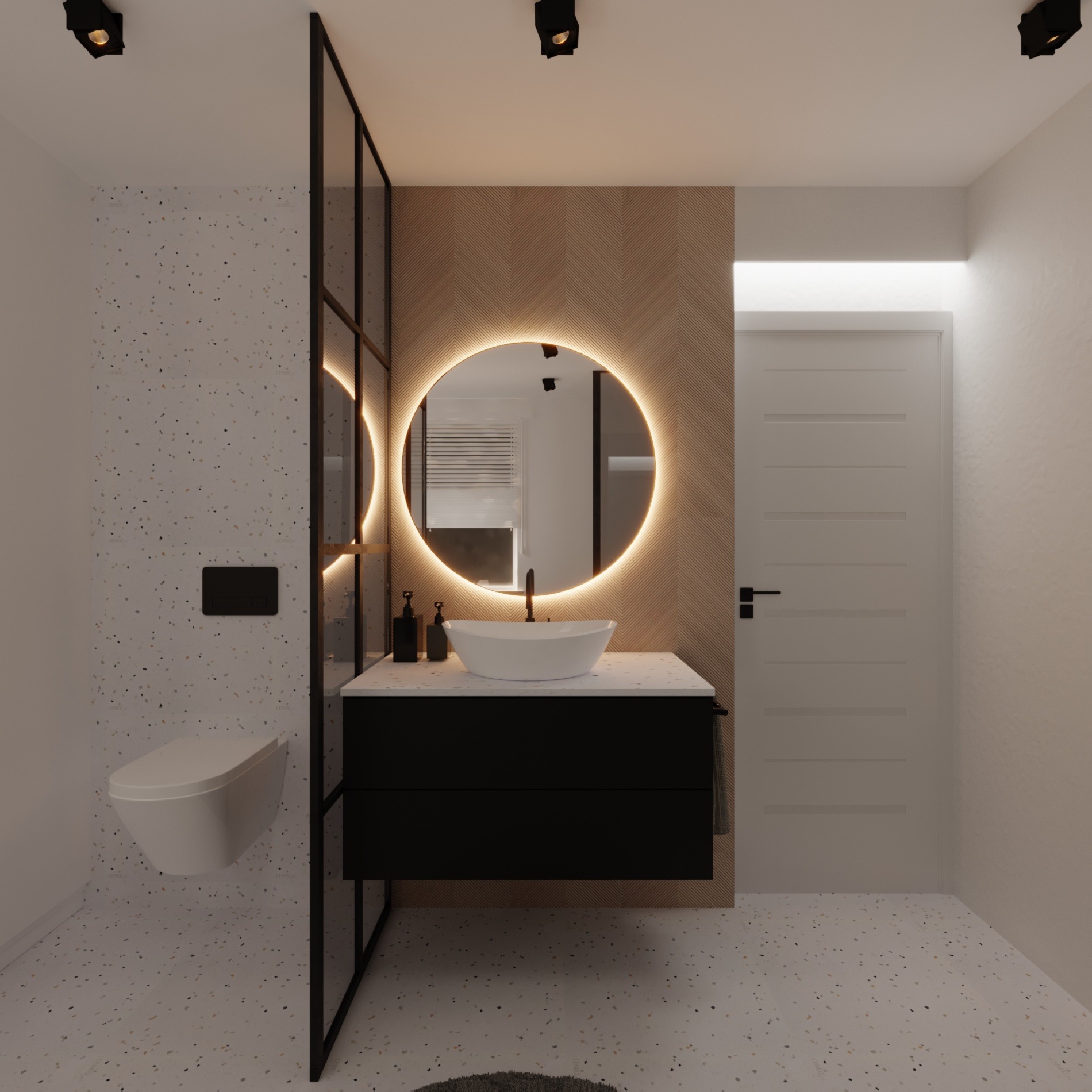 Nowoczesna łazienka z okrągłym lustrem podświetlonym LED, umywalką nablatową i czarną szafką pod umywalką, ściany w stylu lastryko oraz panele drewniane ułożone w jodełkę.