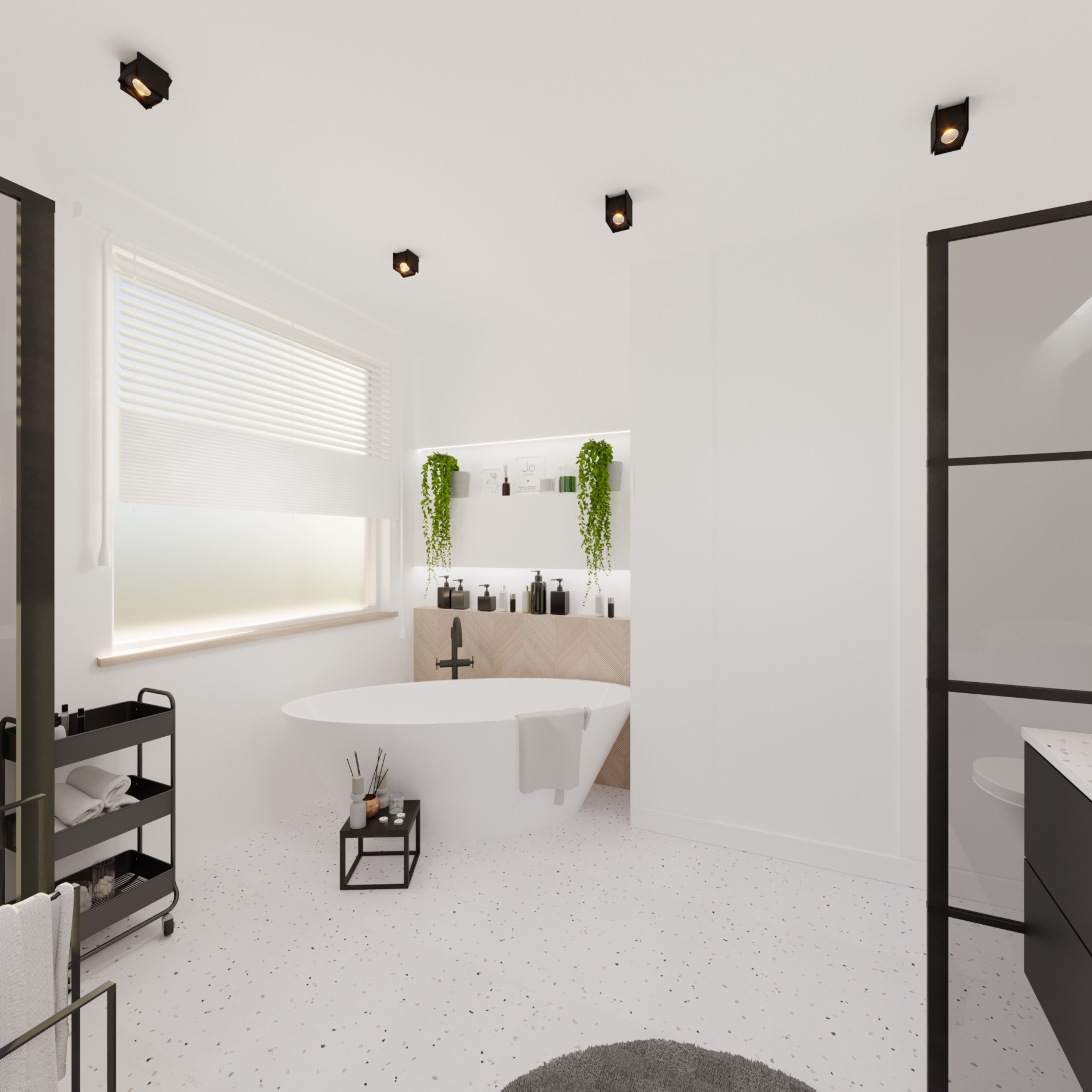 Nowoczesna, minimalistyczna łazienka z wolnostojącą wanną, czarnymi akcentami i roślinami pnącymi na półkach.