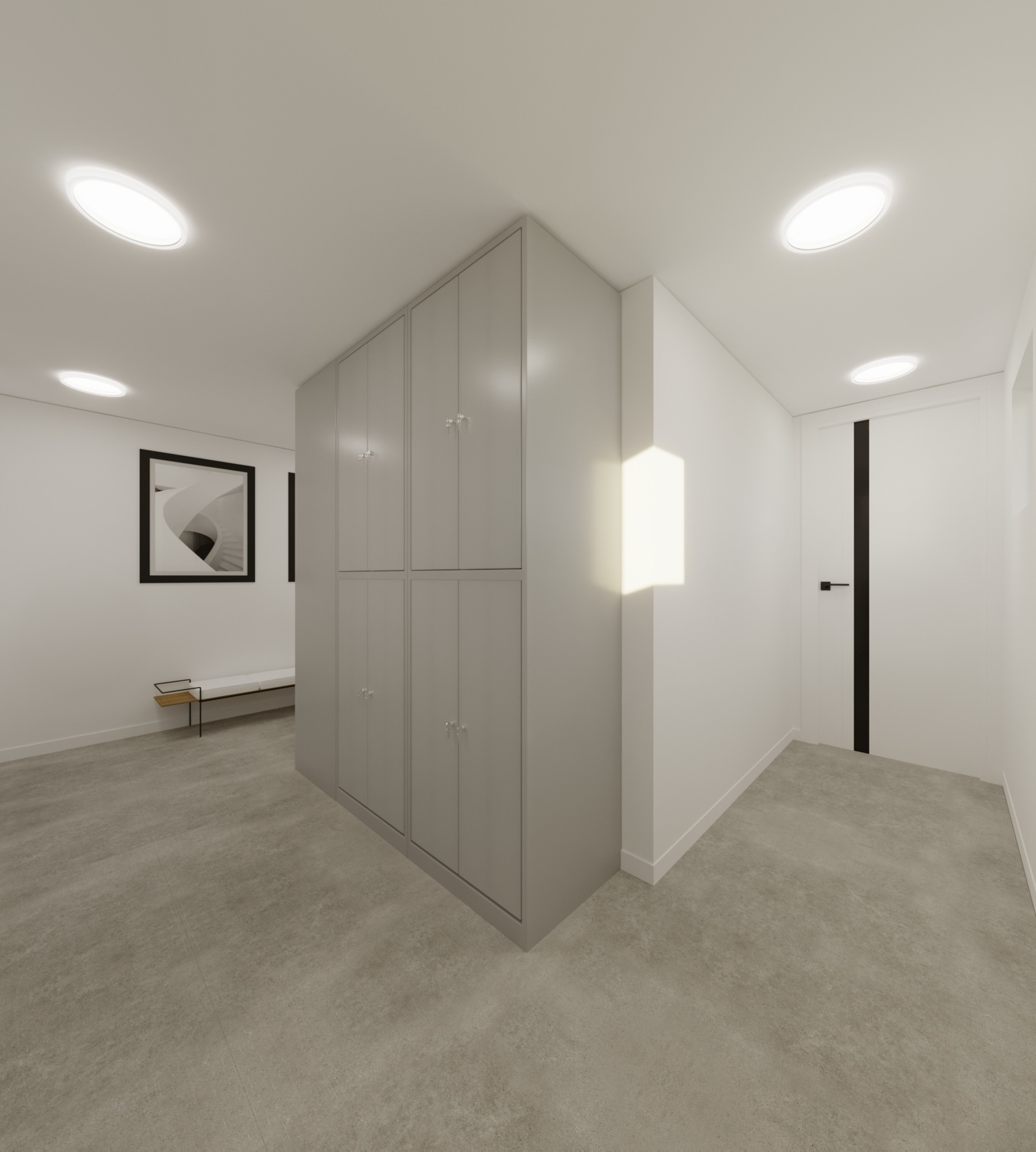 Nowoczesny przedpokój z szarą zabudową szafy, minimalistyczną ławką i czarno-białym obrazem na ścianie.