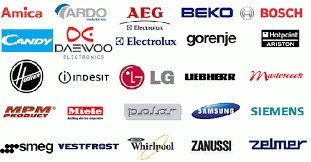 Kolekcja logo różnych producentów sprzętu AGD, w tym Amica, Ardo, AEG, Beko, Bosch, Candy, Daewoo, Electrolux, Gorenje, Hotpoint Ariston, Hoover, Indesit, LG, Liebherr, Mastercook, MPM Product...