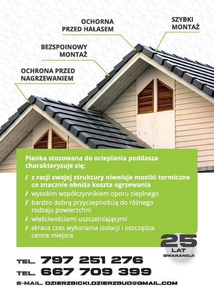 Reklama pianki do ocieplania poddasza z informacjami o ochronie przed hałasem i nagrzewaniem, bezspoinowym montażu i szybkim montażu, na tle fragmentu ocieplonego domu z dachem pokrytym dachówką.