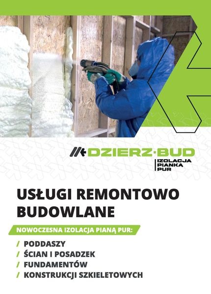 Grafika reklamowa prezentująca pracownika w kombinezonie ochronnym aplikującego pianę izolacyjną na ścianę z drewnianą konstrukcją szkieletową. Widoczny fragment zaizolowanej ściany. Na pierwszym...