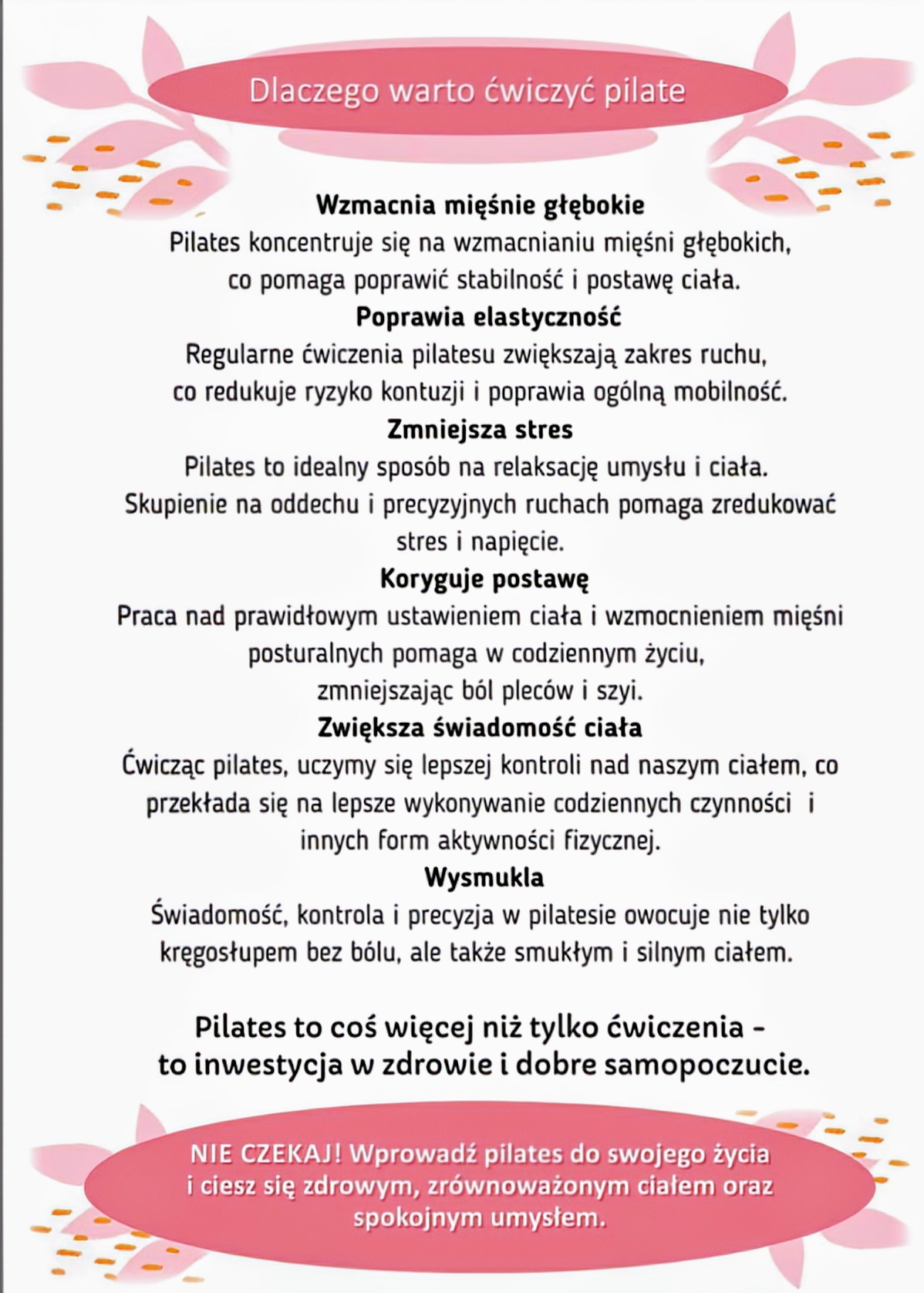 Tekst informacyjny o korzyściach płynących z ćwiczeń pilates, z nagłówkami: wzmacnia mięśnie, poprawia elastyczność, zmniejsza stres, koryguje postawę.