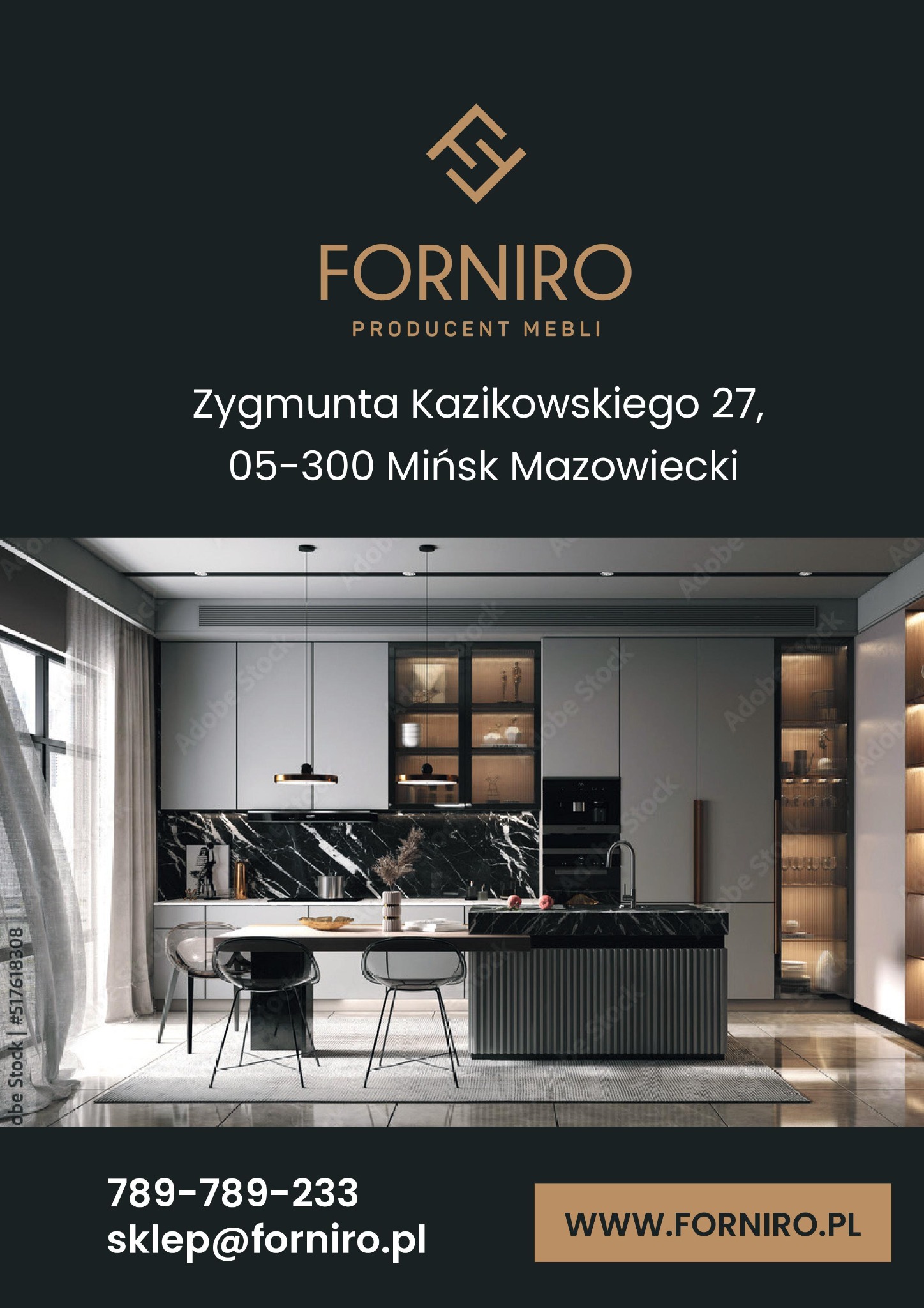 Wizualizacja kuchni z wyspą wykończoną czarnym marmurem, szare szafki z przeszklonymi witrynami, minimalistyczne krzesła i oświetlenie punktowe.