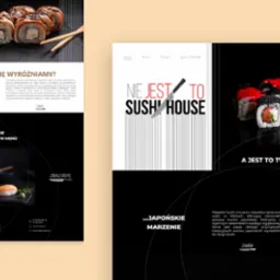 Projekt strony WWW restauracji sushi z ciemnym tłem, prezentujący zdjęcia dań i logo z motywem noża. Nowoczesny design z elementami japońskimi.