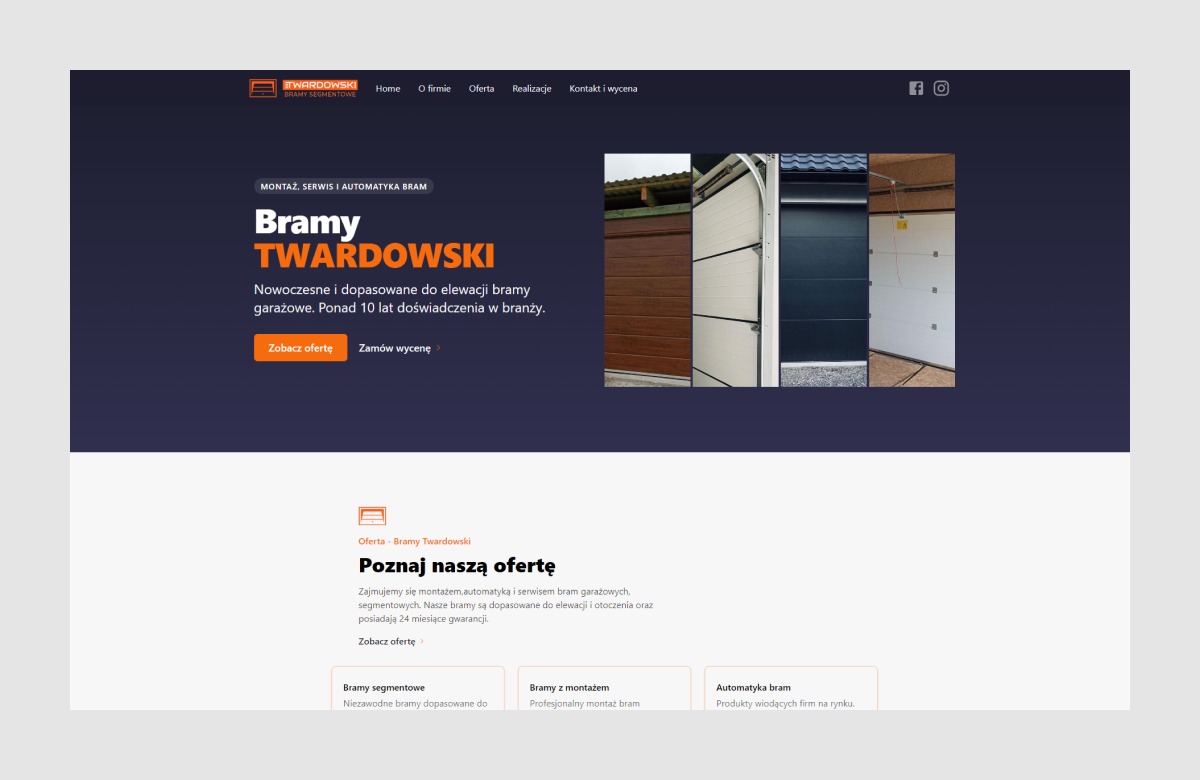 Zrzut strony internetowej firmy oferującej bramy garażowe z montażem, serwisem i automatyką. Widoczny nagłówek, oferta i przykładowe realizacje.