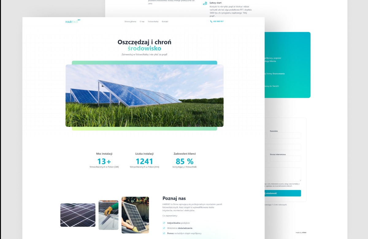 Nowoczesny layout strony internetowej o tematyce OZE. Grafika prezentuje panele słoneczne na tle zieleni. Dominuje biel i zieleń. Czytelny układ, nowoczesny design.