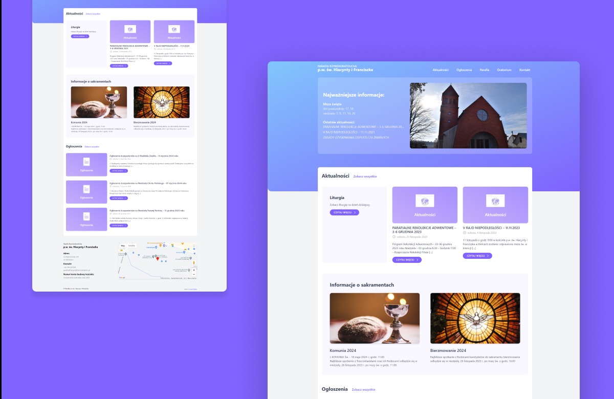 Prezentacja responsywnego projektu strony internetowej z nowoczesnym interfejsem, dedykowanej parafii z aktualnościami, informacjami o sakramentach i ogłoszeniami.