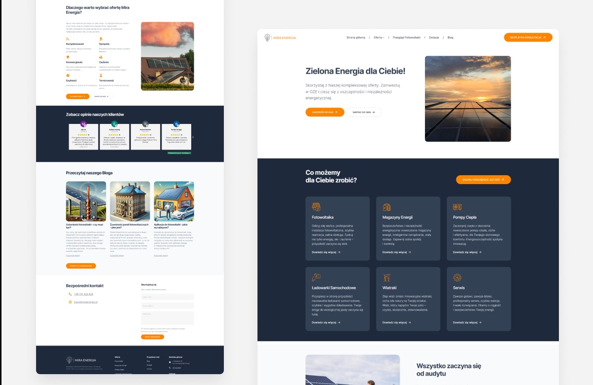Prezentacja responsywnej strony internetowej o zielonej energii z panelami słonecznymi, blogiem i formularzem kontaktowym. Nowoczesny design.