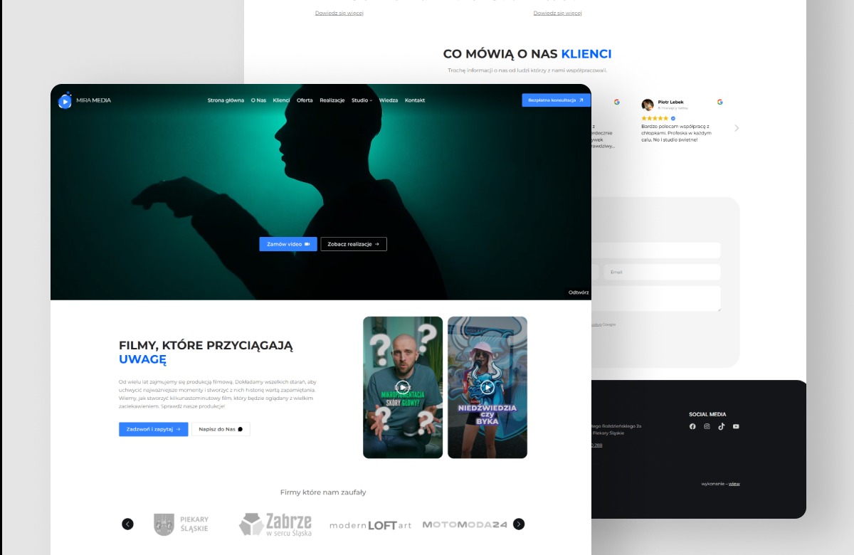 Strona www z nagłówkiem wideo z sylwetką osoby na zielonym tle, sekcją opinii klientów i logotypami firm. Nowoczesny design z przyciskami akcji.