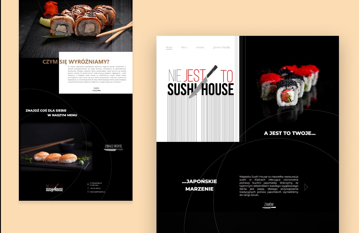 Projekt strony WWW restauracji sushi z ciemnym tłem, prezentujący zdjęcia dań i logo z motywem noża. Nowoczesny design z elementami japońskimi.